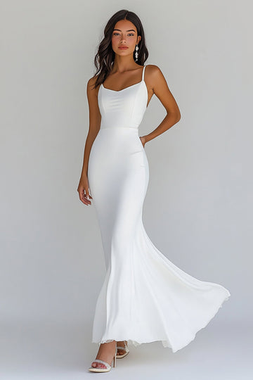 bretelles spaghetti mousseline de soie blanche gaine longue robe de graduation